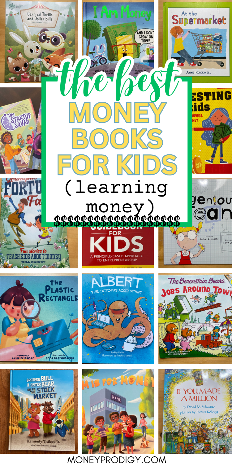 tons of kid money book covers, text overlay "the best money books for kids (learning money)