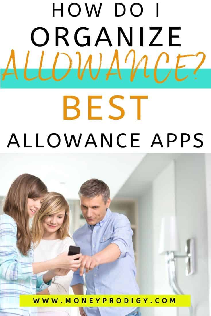 Padre mostrando a sus hijas su app de mesadas, texto superpuesto "¿cómo organizo la mesada? Best allowance apps"