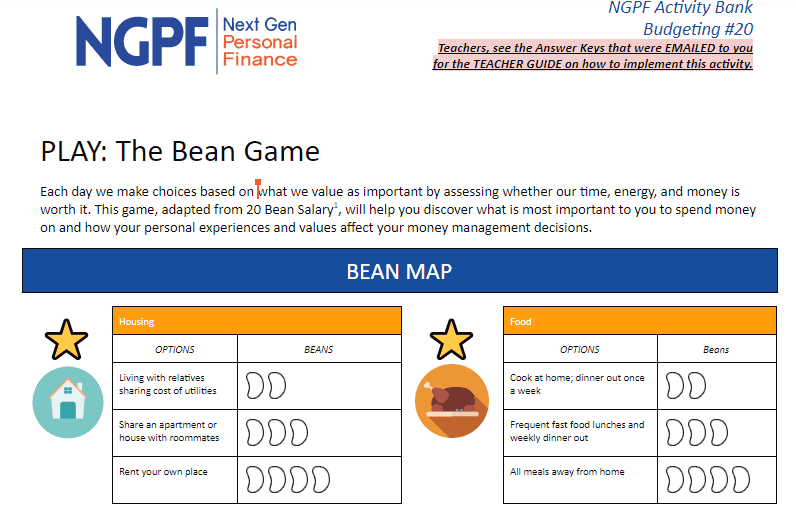 screenshot of jelly bean game for fun budgeting activity pdf