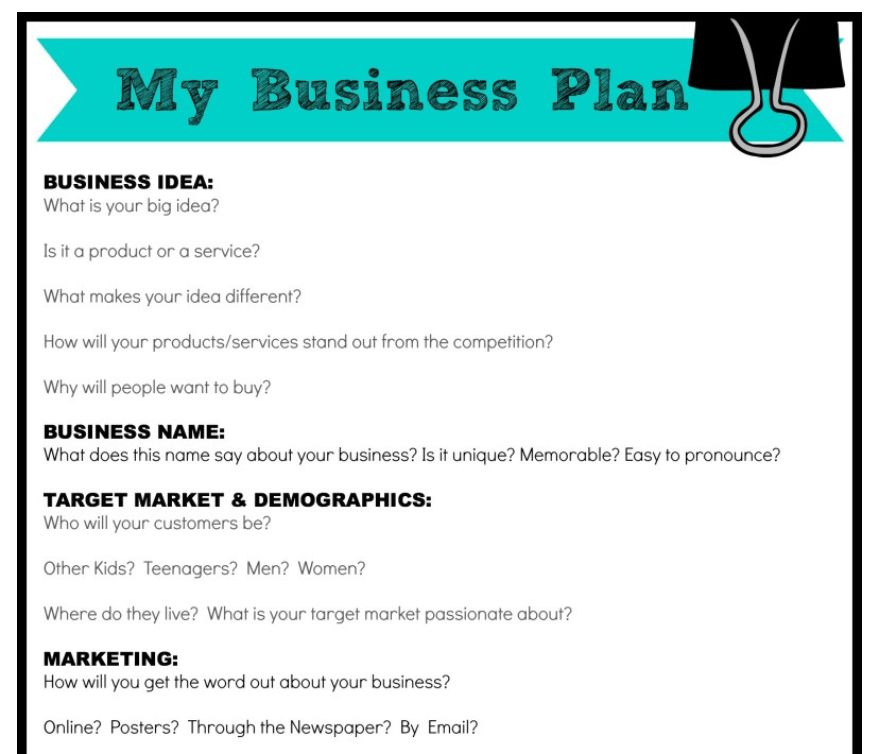 screenshot of my business plan for kids