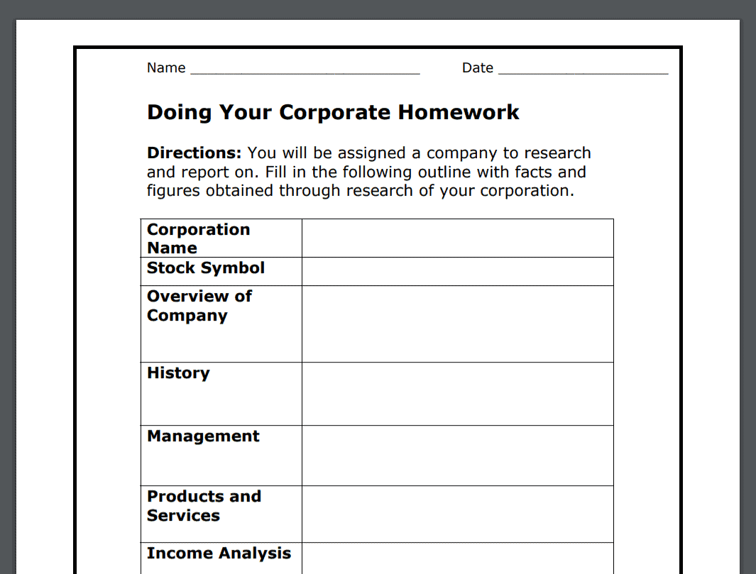 screenshot of doing your corporate homework worksheet for kids and teens