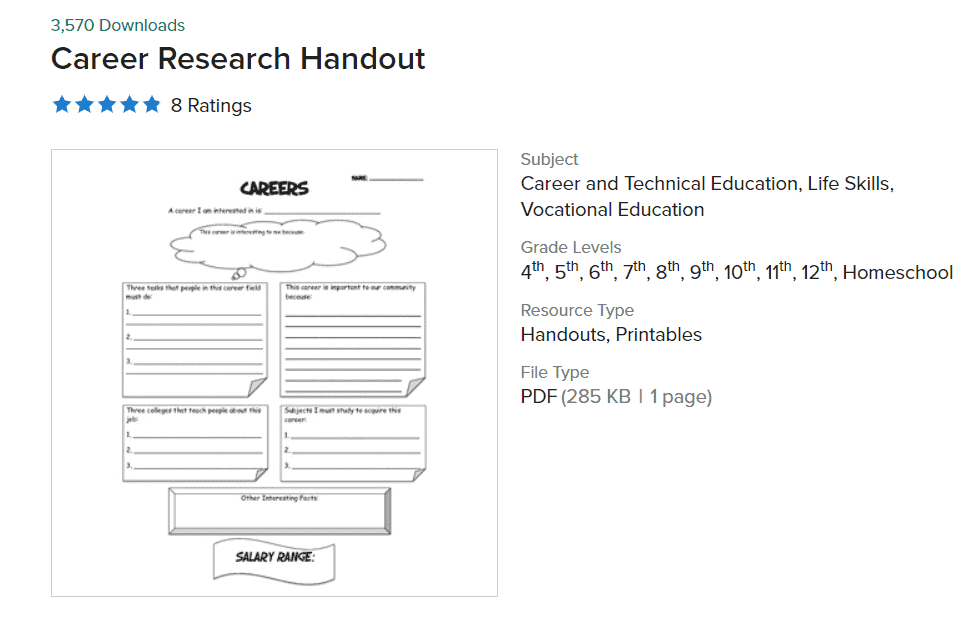 screenshot of one page career exploration worksheet for students