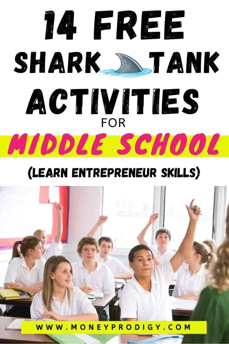 group of students working on shark tank project, text overlay 