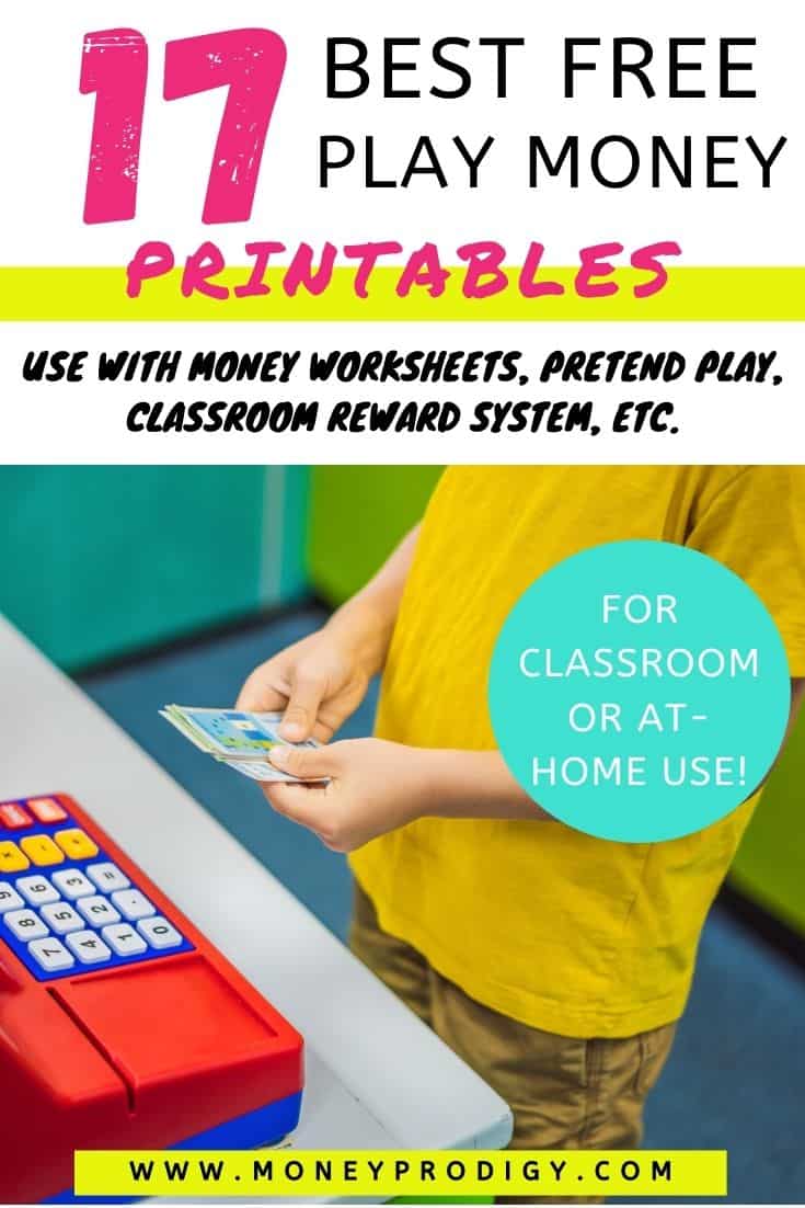 boy playing with pretend money and cash register, text overlay 