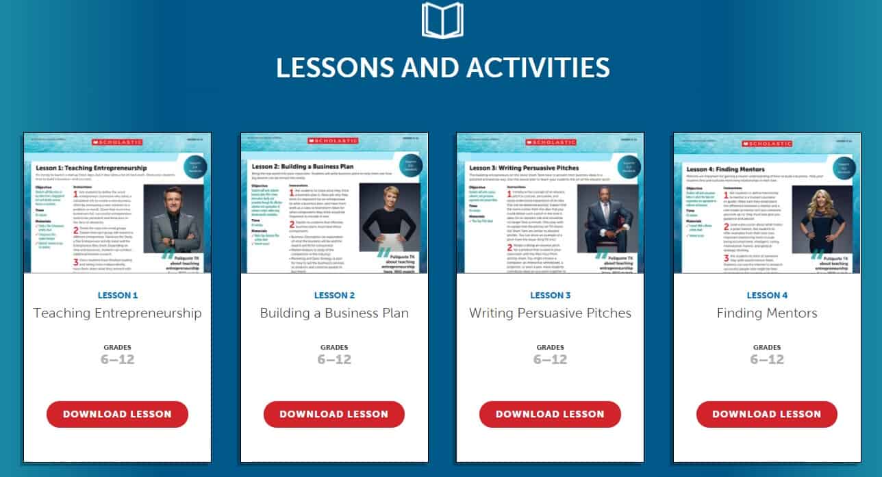 screenshot of scholastic shark tank lesson plans for high school students
