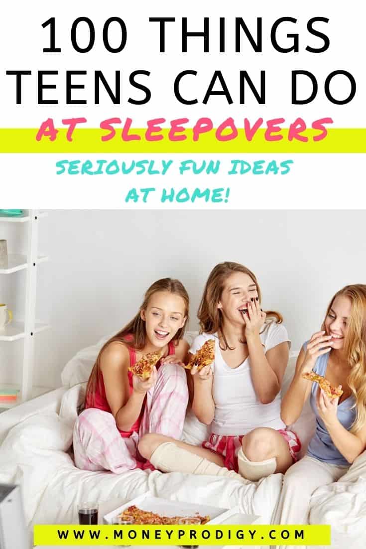 three teen girls laughing on bed at sleepover, text overlay "100 things teens can do at sleepovers"