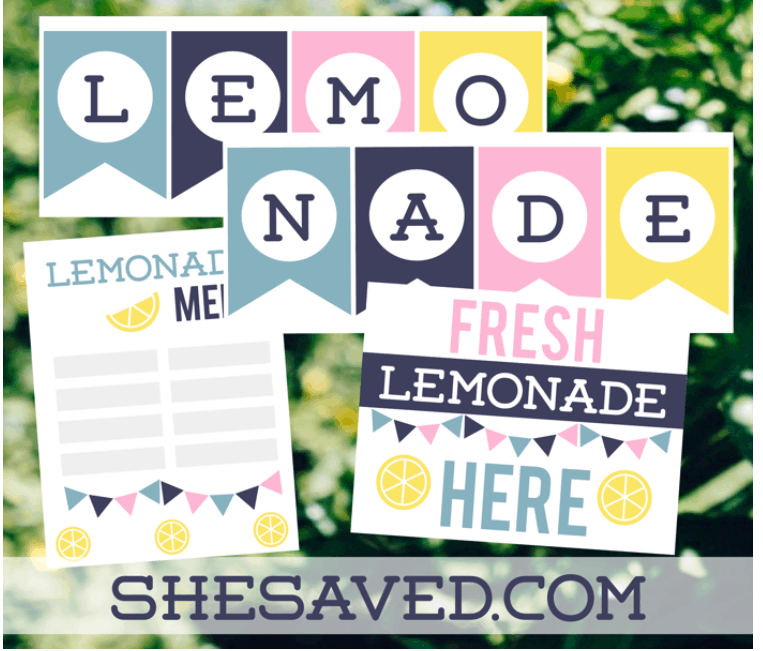blue, teal, pink, and yellow pretend play lemonade stand printables with menu and banner
