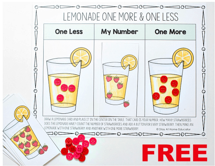 one more one less play mat with three boxes and a glass of lemonade in each, and red buttons