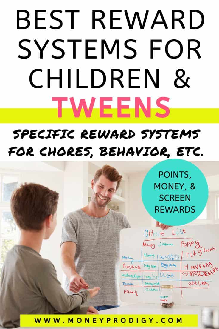father with chore chart giving reward to kid, text overlay 
