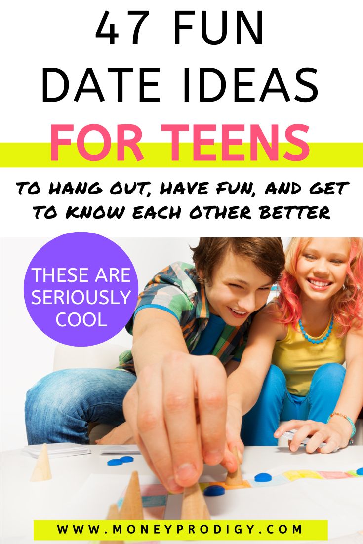 teen boy and girl having so much fun playing a game, text overlay" 47 fun date ideas for teens"