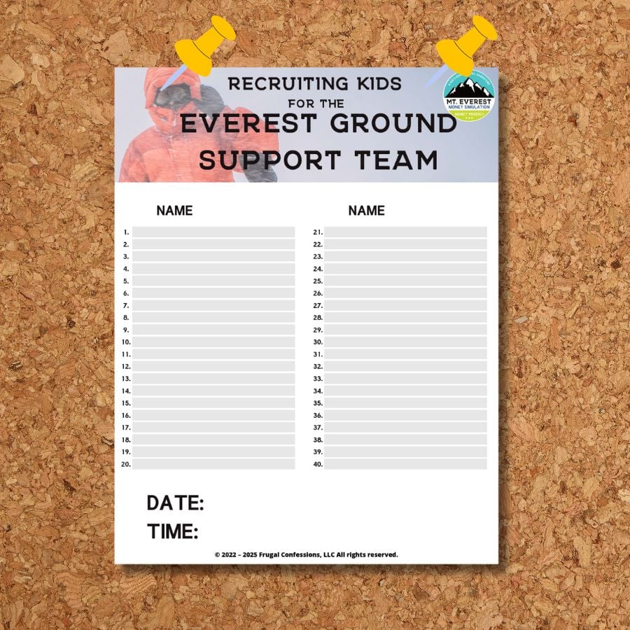 bulletin board with Everest Ground Support Team poster roster attached