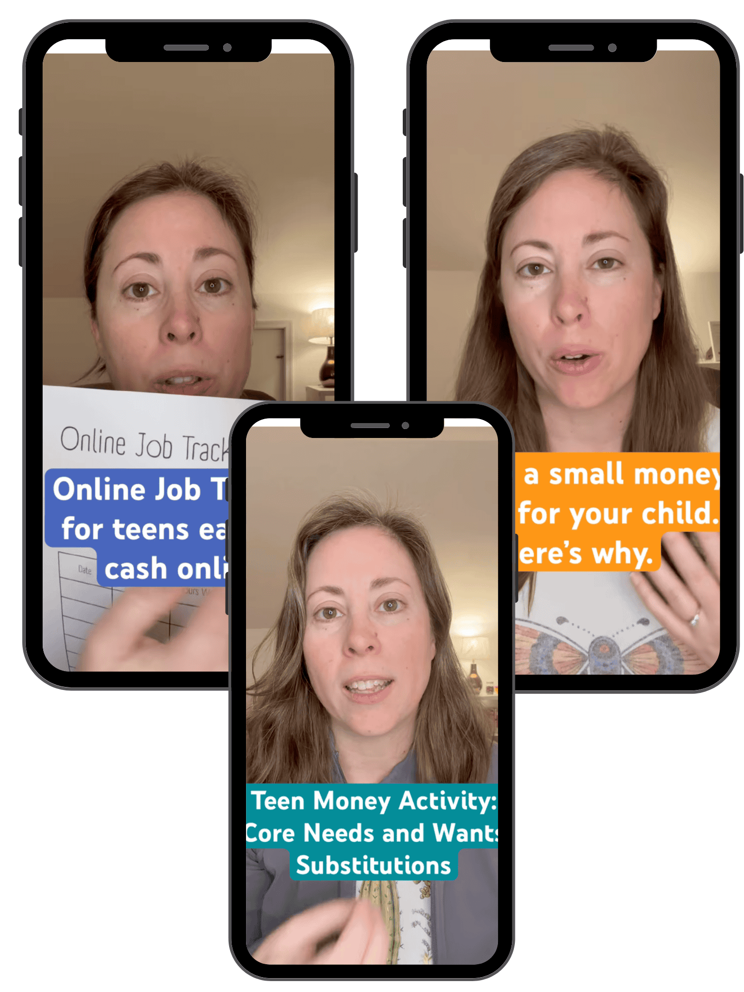 Three phones showing Teen Money Moves HQ video lessons, including an online job tracker for teens and a lesson on giving a child a small money allowance.